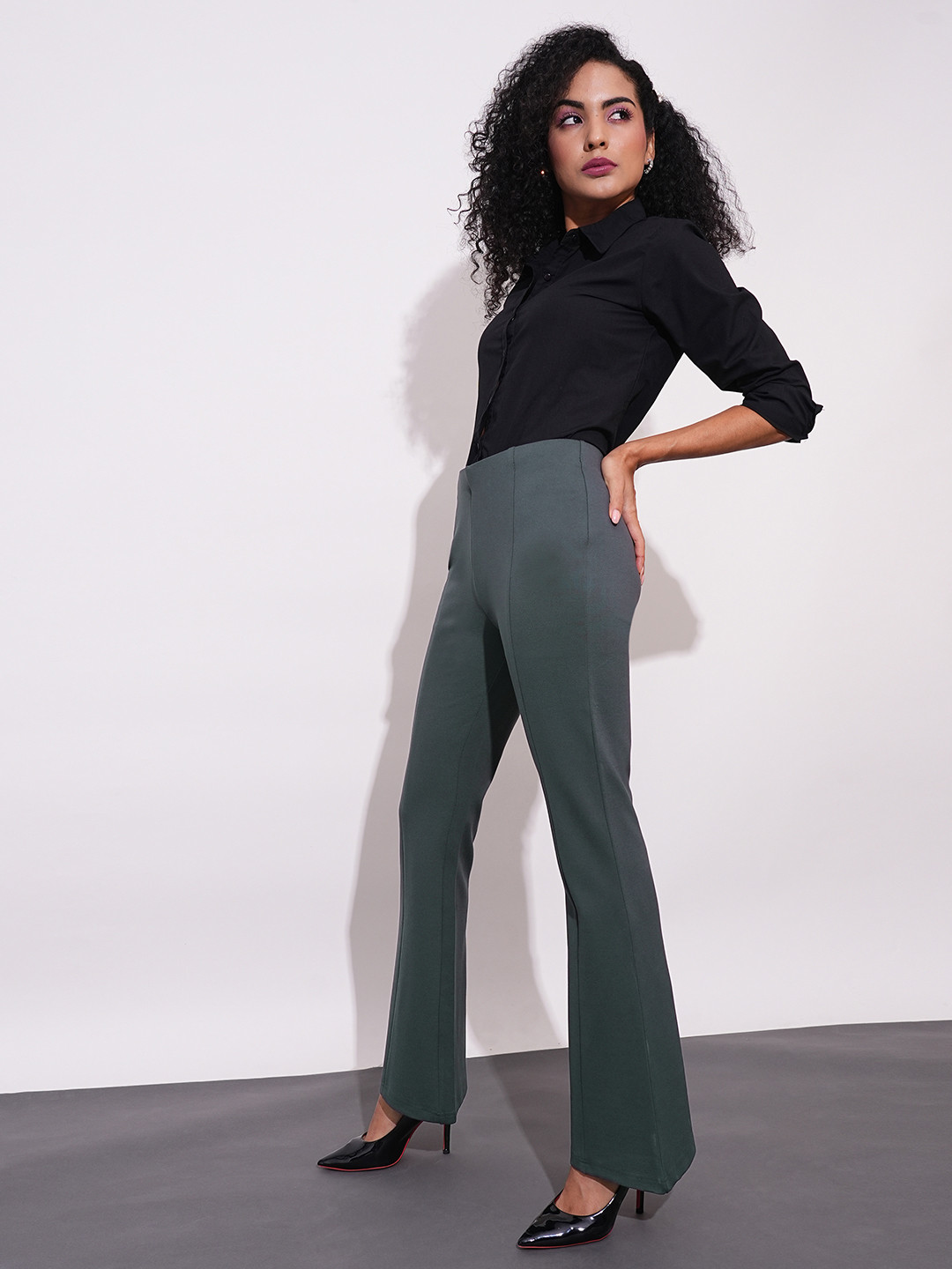 Globus Women Stretchable Mid-Rise Workwear Bootcut Treggings