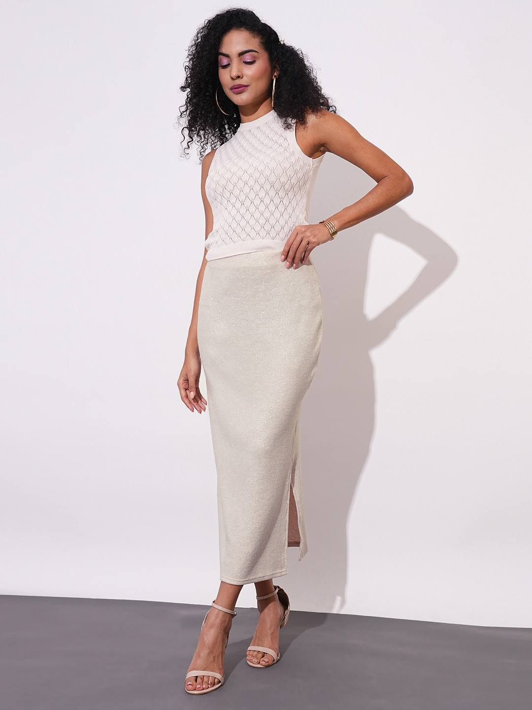 Globus Sheen Self Design Stretchable Mid-Rise Side Slit Maxi Party Pencil Skirt