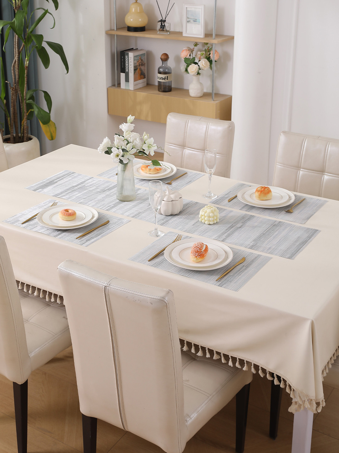 HOKIPO Blue & White 5 Pieces Vertical Stripes Rectangle Table Linen Set