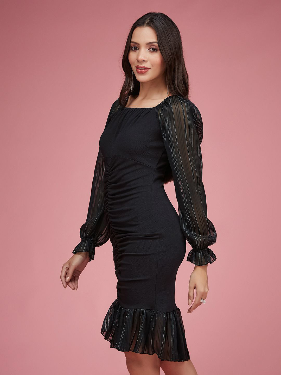 Miss Chase Women Ruching Ruffle Bodycon Midi Dress