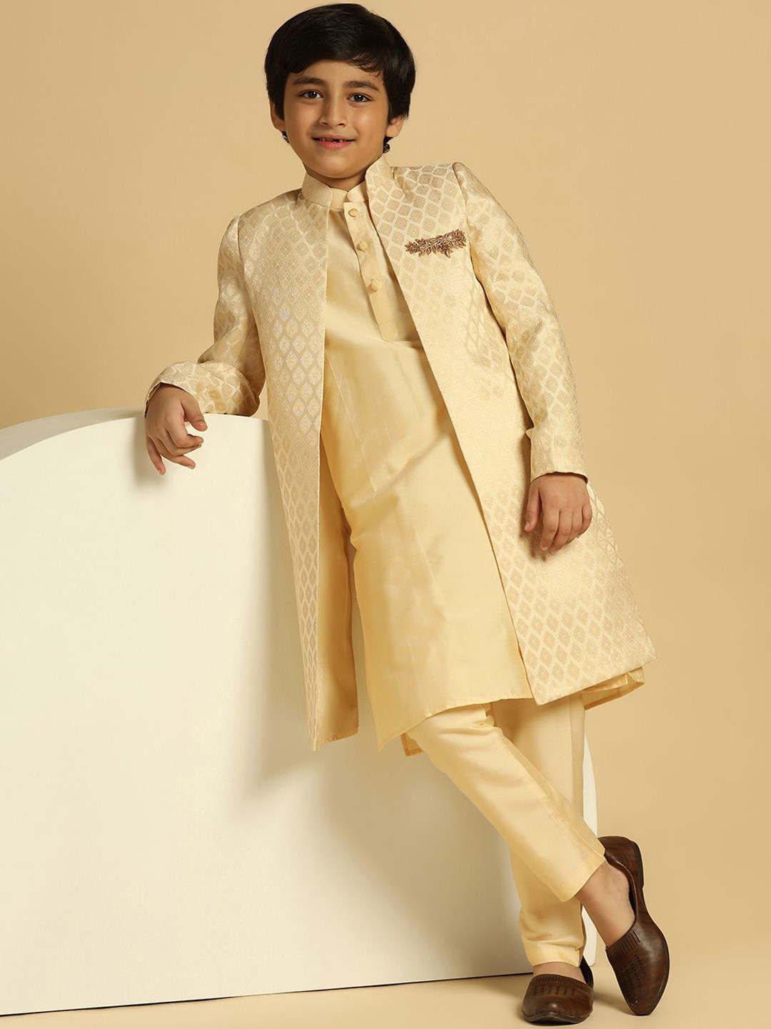 KISAH Boy Self Design Embellished Silk Kurta Sherwani Pyjama Set