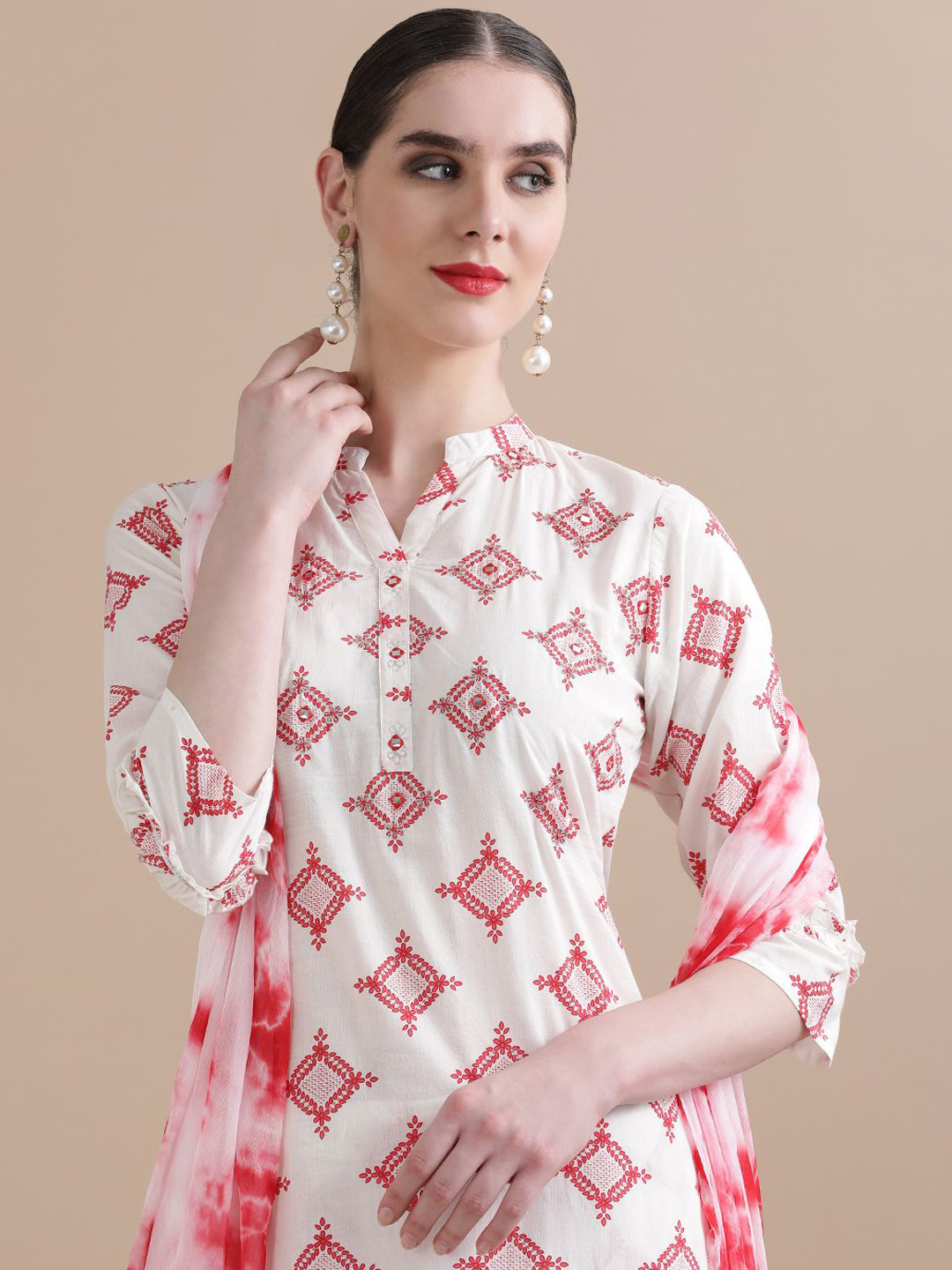 Jaipur Kurti Red Geometric Printed Mirror Work Pure Cotton Kurta with Palazzo & Dupatta