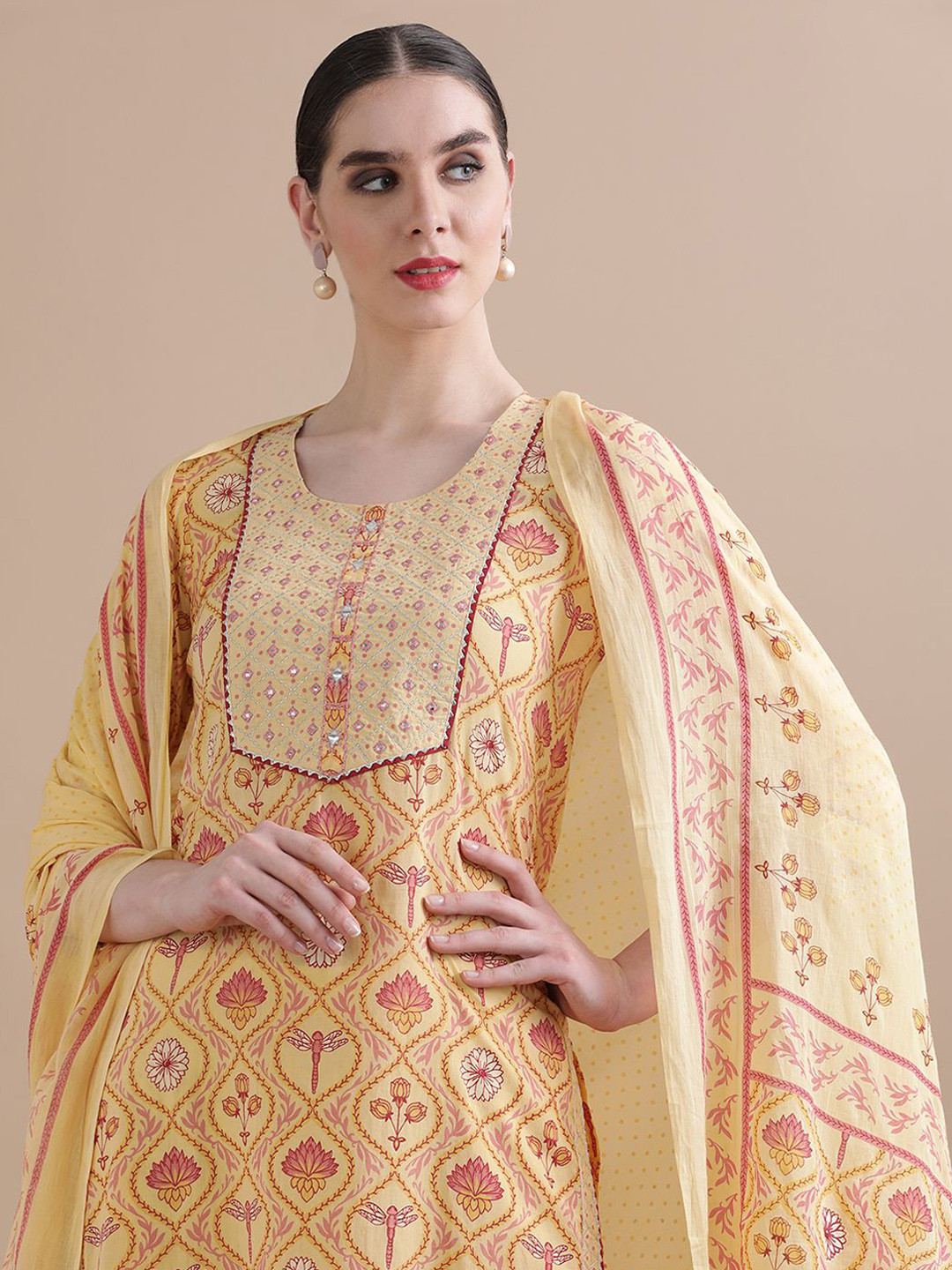 Jaipur Kurti Yellow Floral Printed Mirror Work Pure Cotton Kurta with Trouser & Dupatta