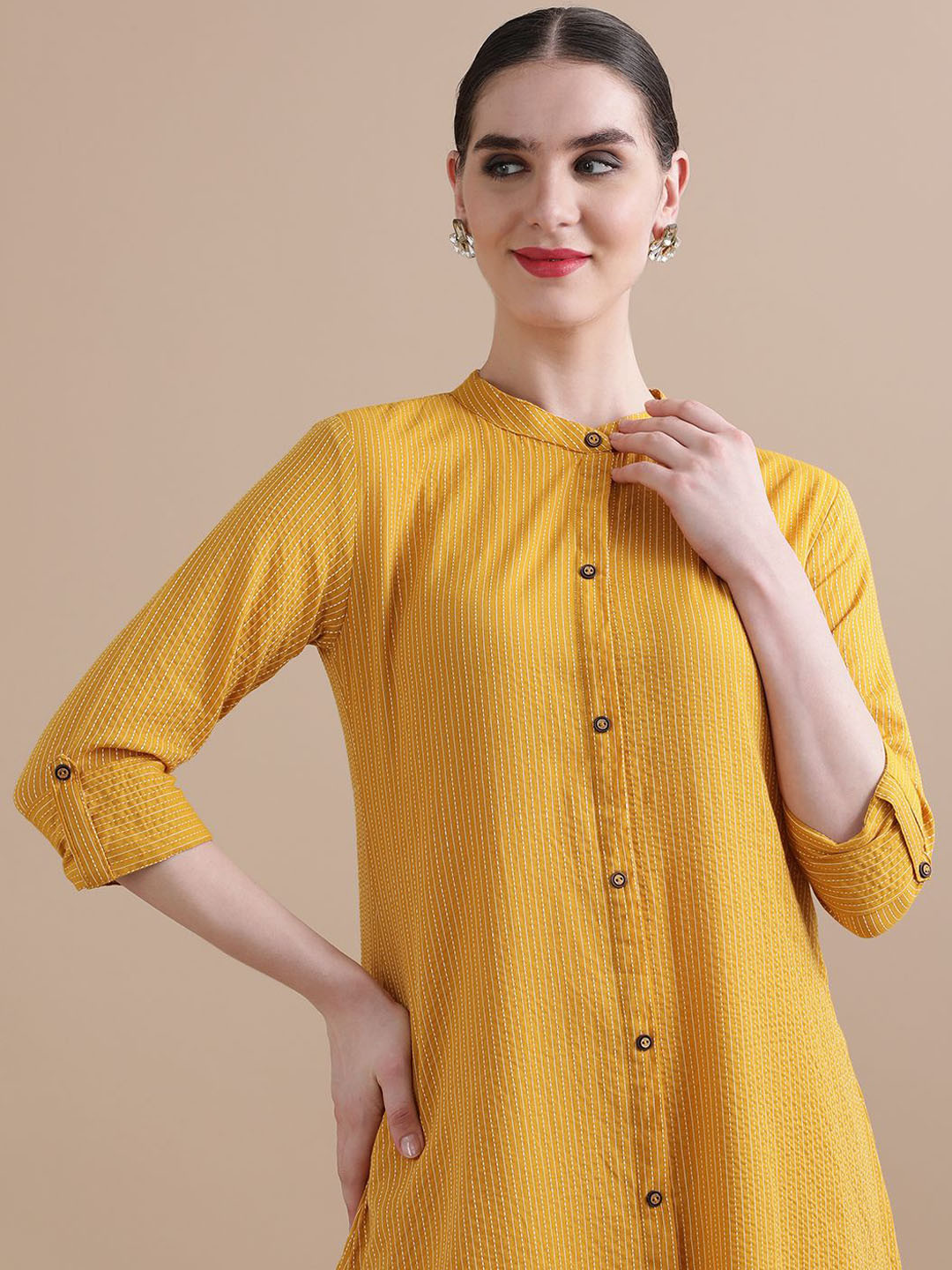Jaipur Kurti Mustard Yellow Self Design Kantha Work Pure Cotton A-Line Kurta with Trouser