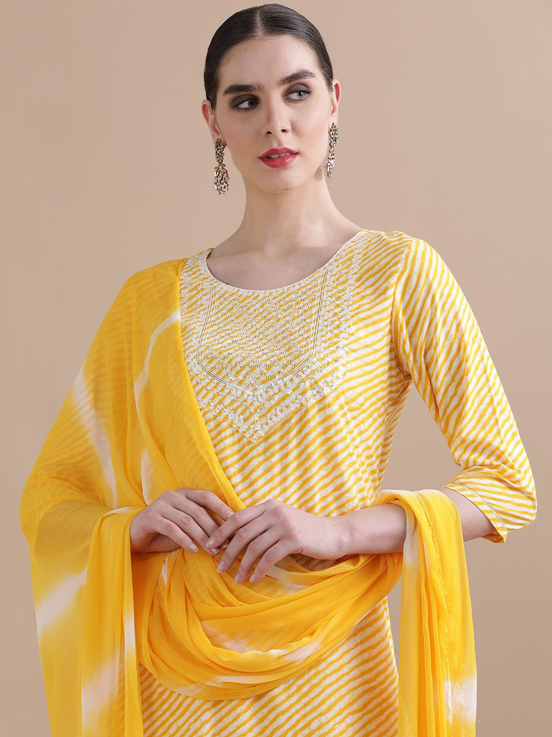 Jaipur Kurti Yellow Leheriya Printed Thread Work Pure Cotton Kurta with Trouser & Dupatta