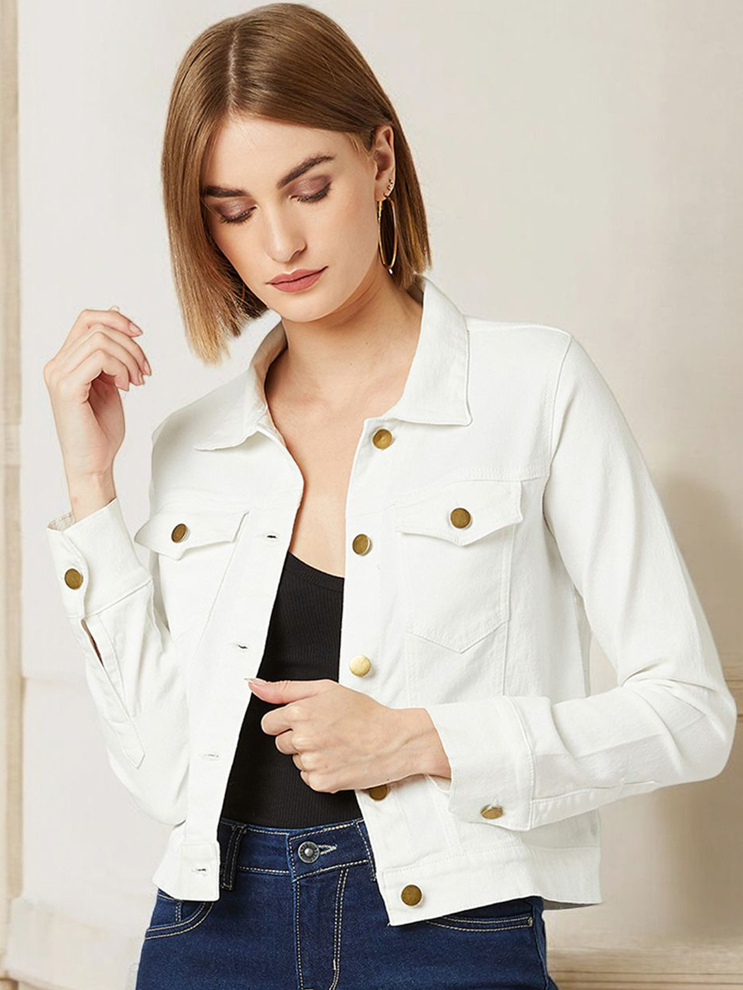 Miss Chase Women Striped Crop Denim Jacket with Patchwork