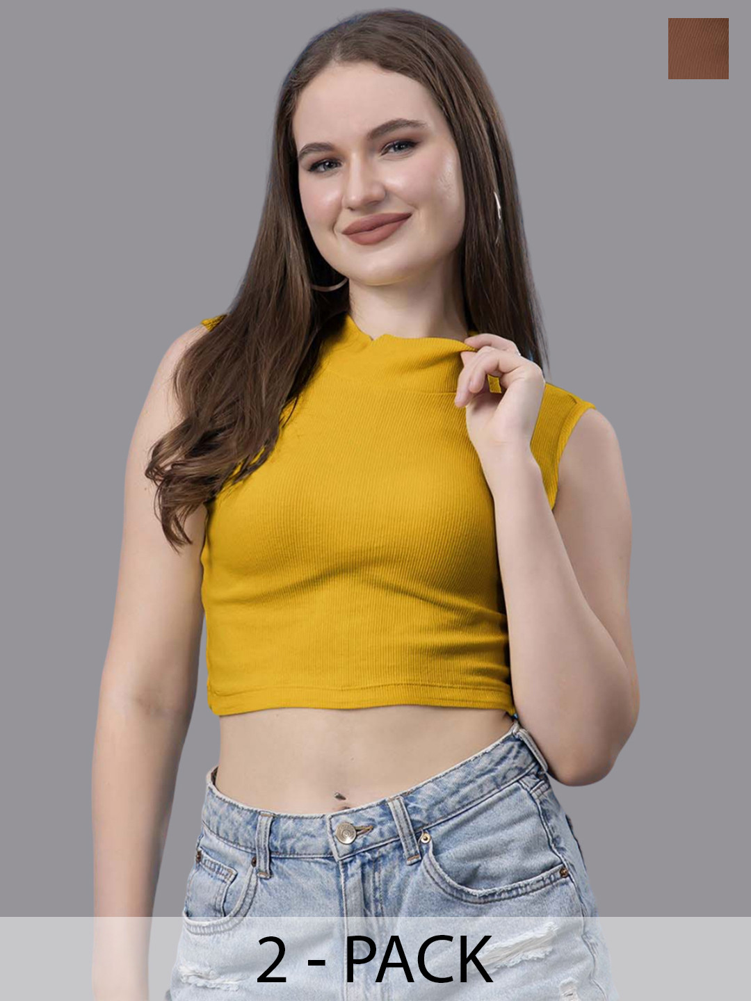Friskers Women Pack of 2 Cotton High Neck Sleeveless Crop Top