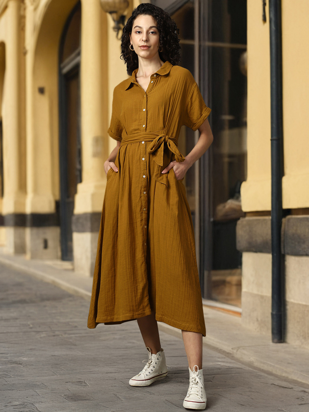 High Star Women Cotton Shirt Collar Short Sleeves A-Line Midi Dress