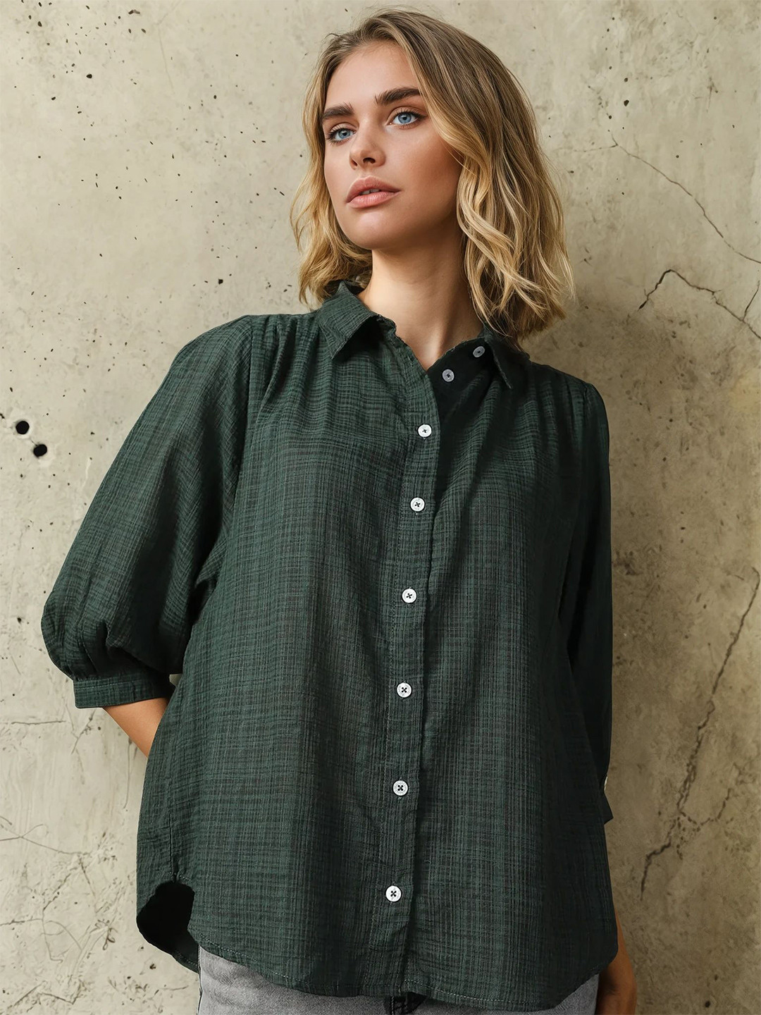 High Star Women Boxy Spread Collar Checked Cotton Geathers At Shoulder Casual Shirt