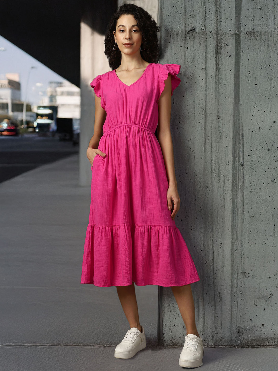 High Star Women V-Neck Pure Cotton A-Line Midi Fit & Flare Textured Cotton Dress
