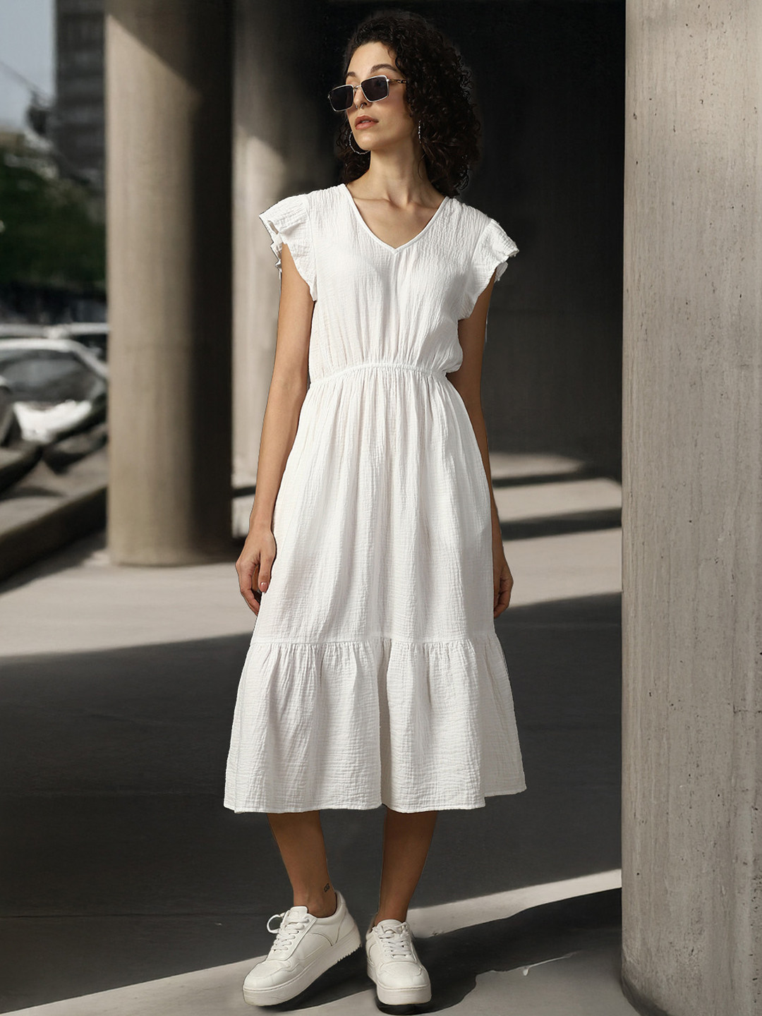 High Star Women V-Neck Pure Cotton A-Line Midi Fit & Flare Textured Cotton Dress