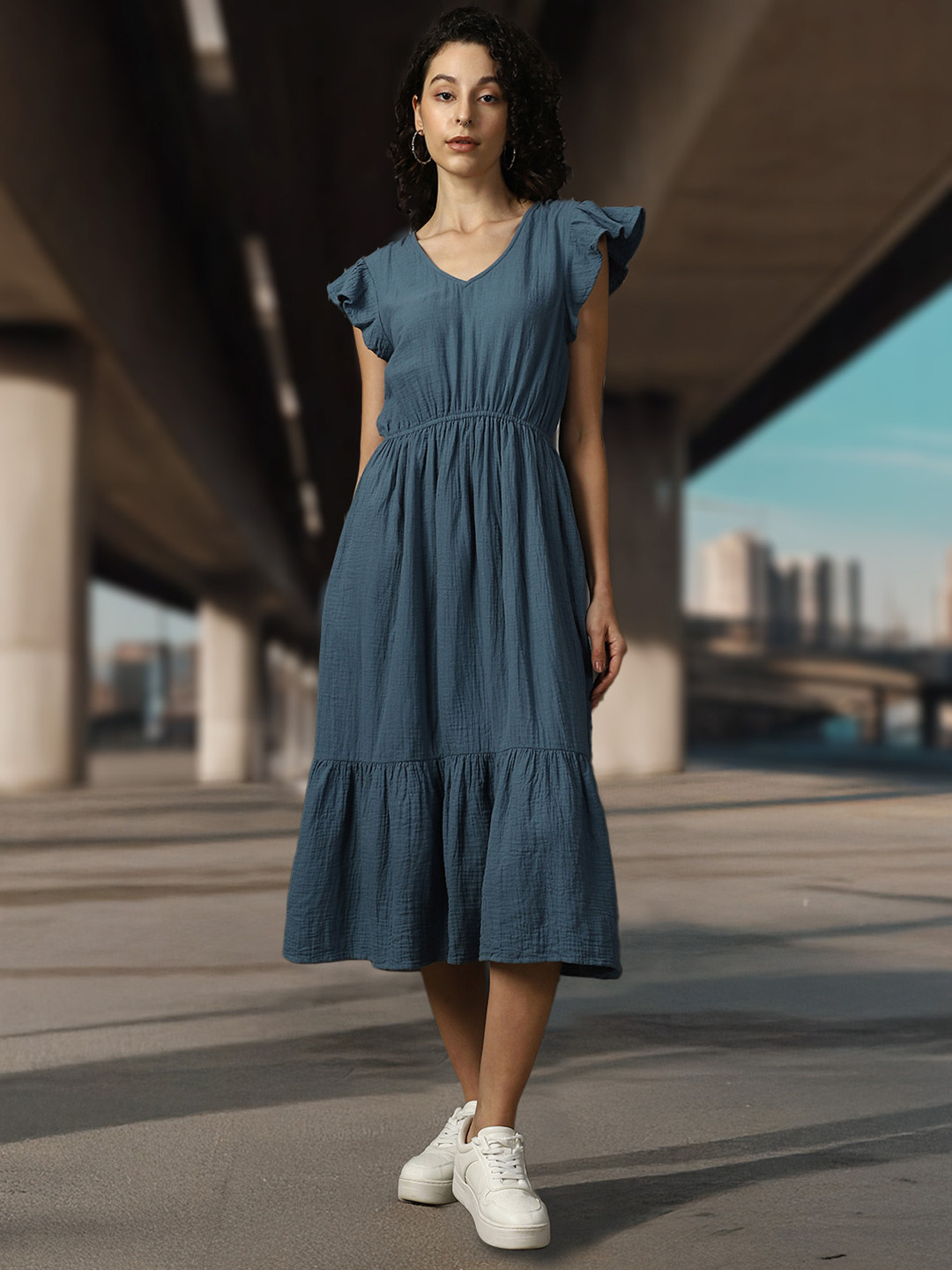 High Star Women V-Neck Pure Cotton A-Line Midi Fit & Flare Textured Cotton Dress