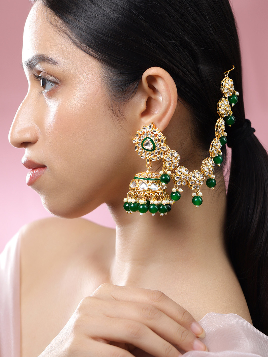 Rubans 22K Gold-Plated Kundan Studed Kan Chain Earring with Green Beads & Enamel Detailing