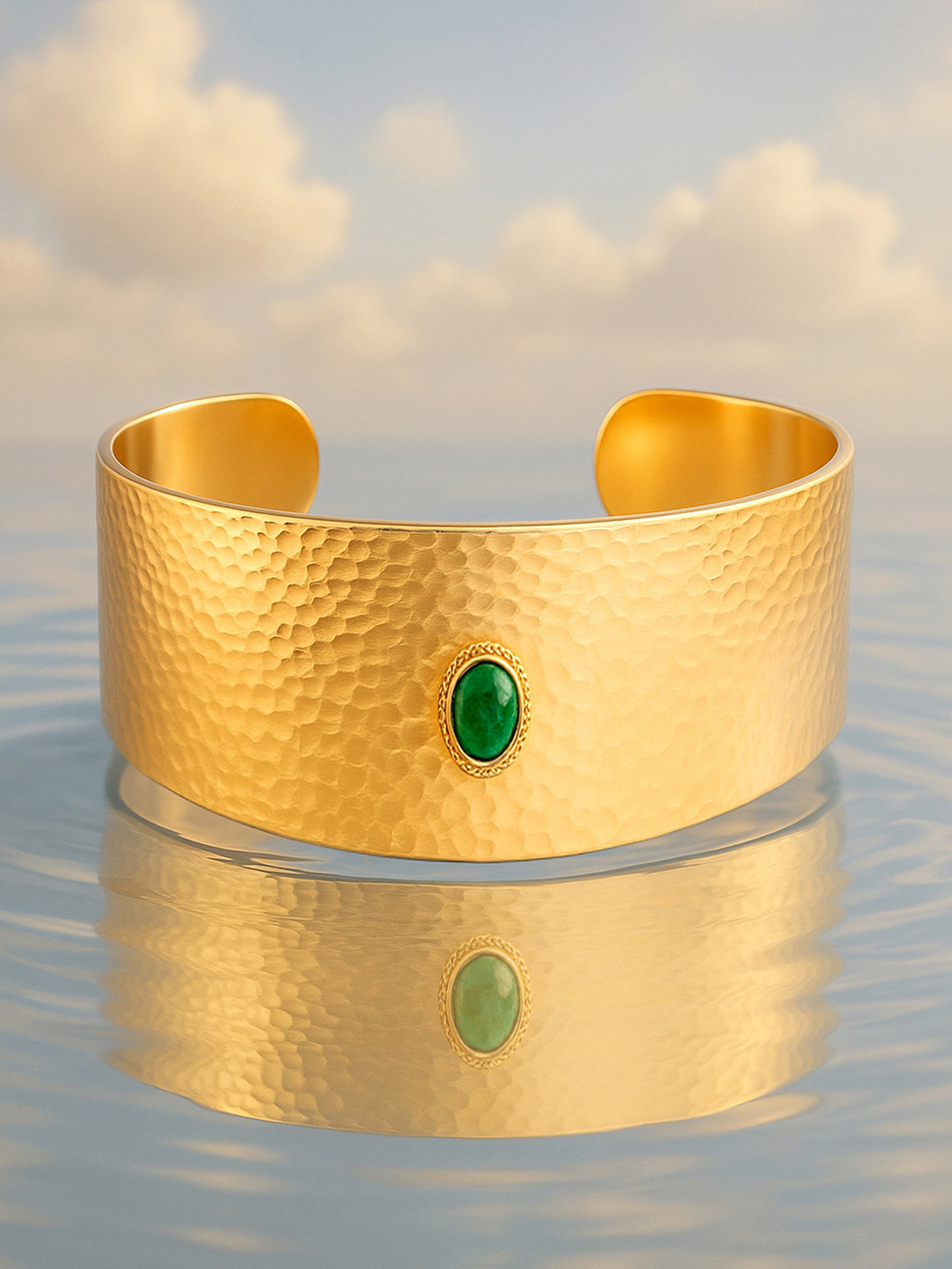 Rubans 22K Gold-Plated Free Size Textured Cuff Bracelet with Emerald Green Accent