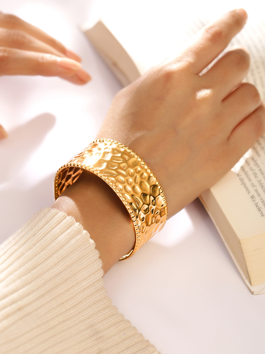 Rubans 22K Gold-Plated Textured Free Size Statement Cuff Bracelet