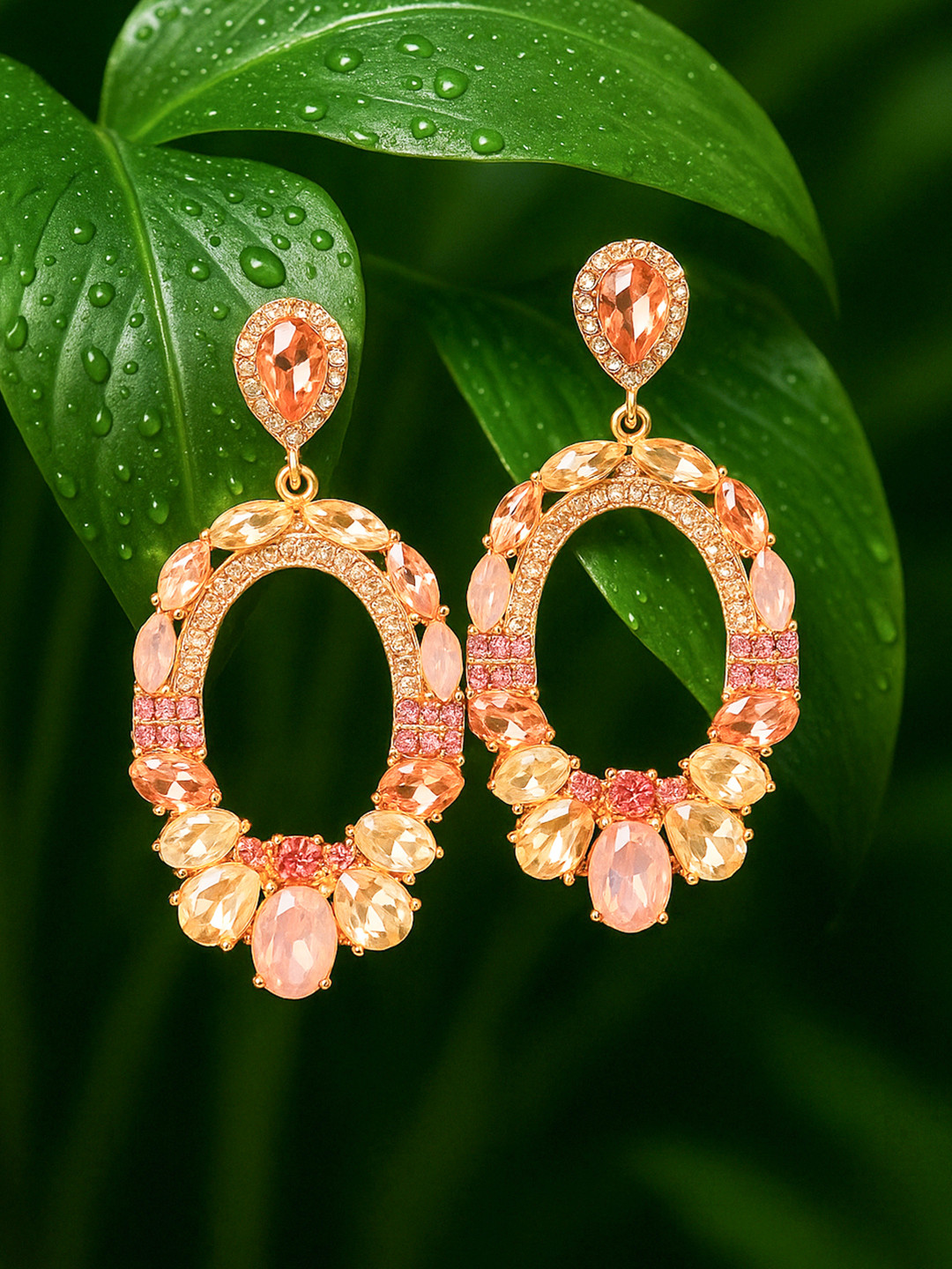 Rubans 18K Gold-Plated Oval Pink & Champagne Crystal Studded Statement Dangle Earrings