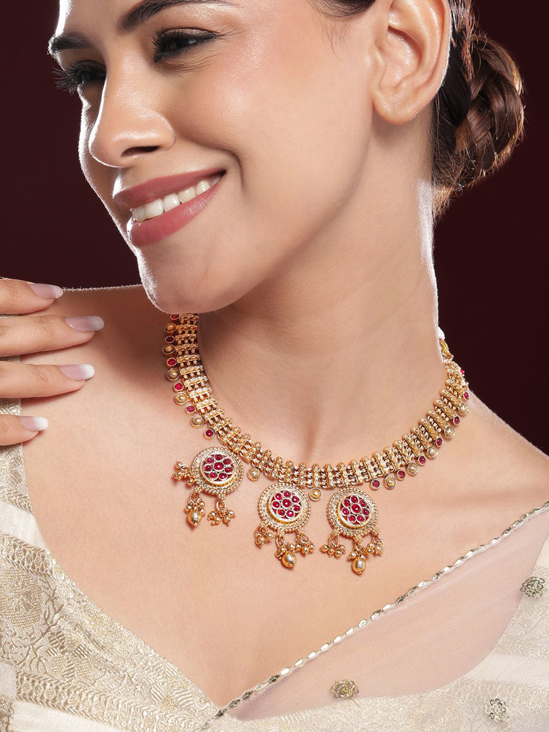 Rubans 22K Gold-Plated Ruby Stone & Beads Handcrafted Necklace Set with Floral Medallions