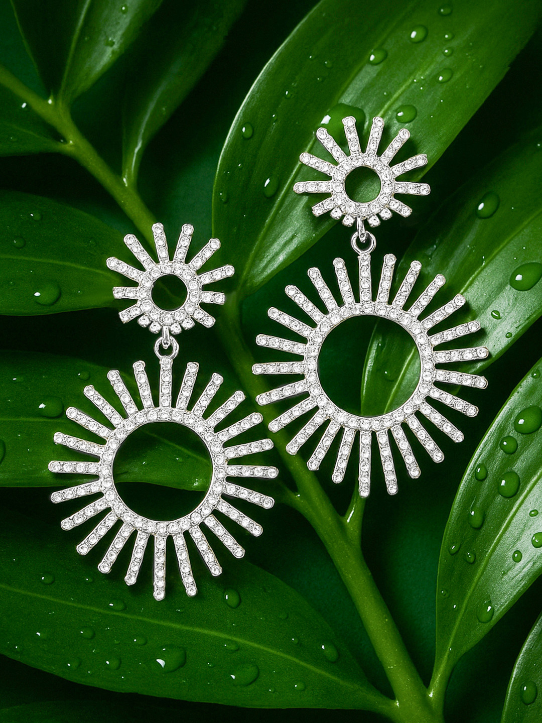 Rubans Rhodium Plated Cubic Zirconia Studded Sunburst Design Drop Earrings