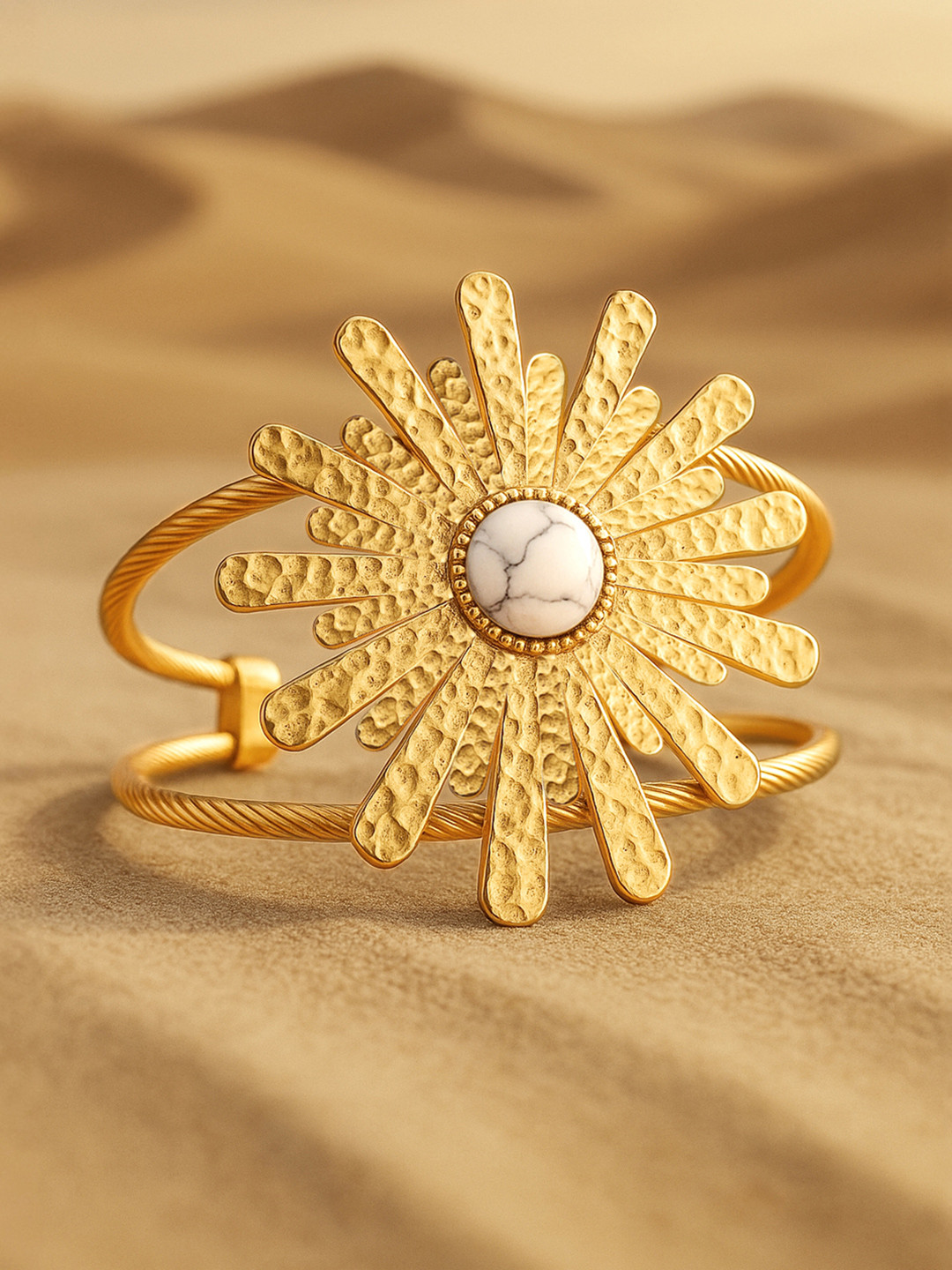 Rubans 22K Gold-Plated Free Size Sunburst Cuff Bracelet with White Marble Accent