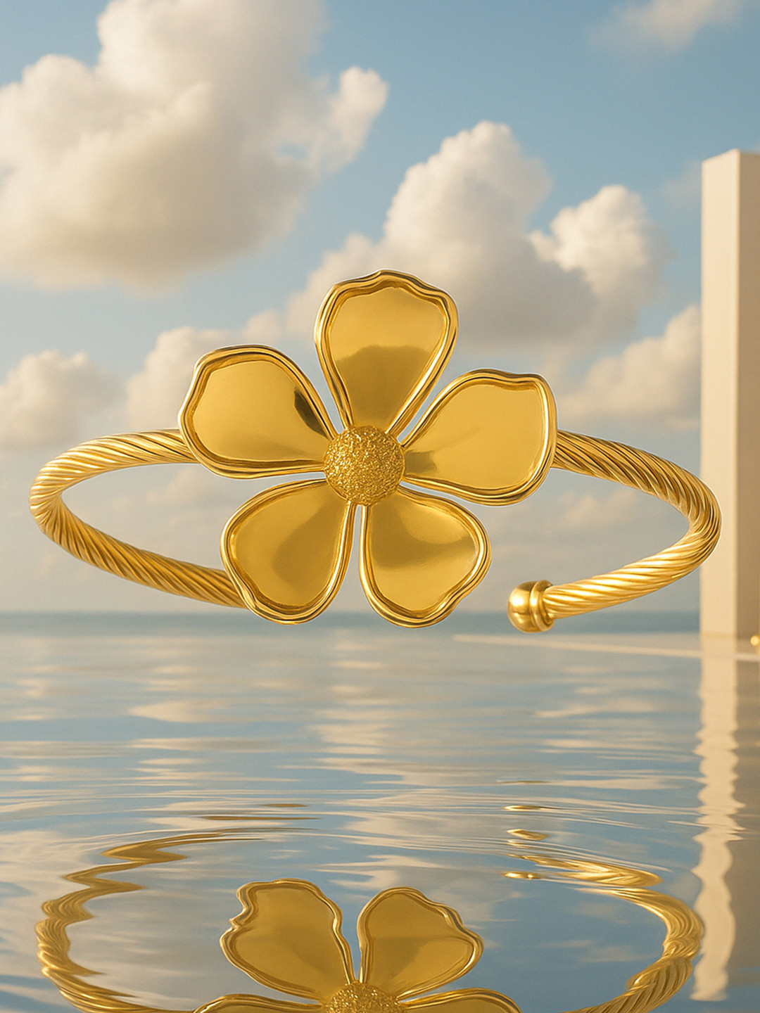 Rubans 22K Gold-Plated Free Size Floral Cuff Bracelet with Cable Wire Design