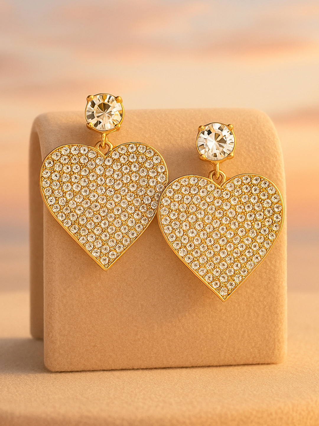 Rubans 18K Gold-Plated Shimmery AD & Cubic Zirconia Studded Heart Dangle Earrings