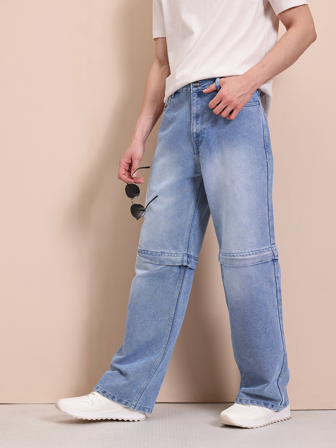 Mast & Harbour Men Pure Cotton Wide Leg Light Fade Convertible Jeans