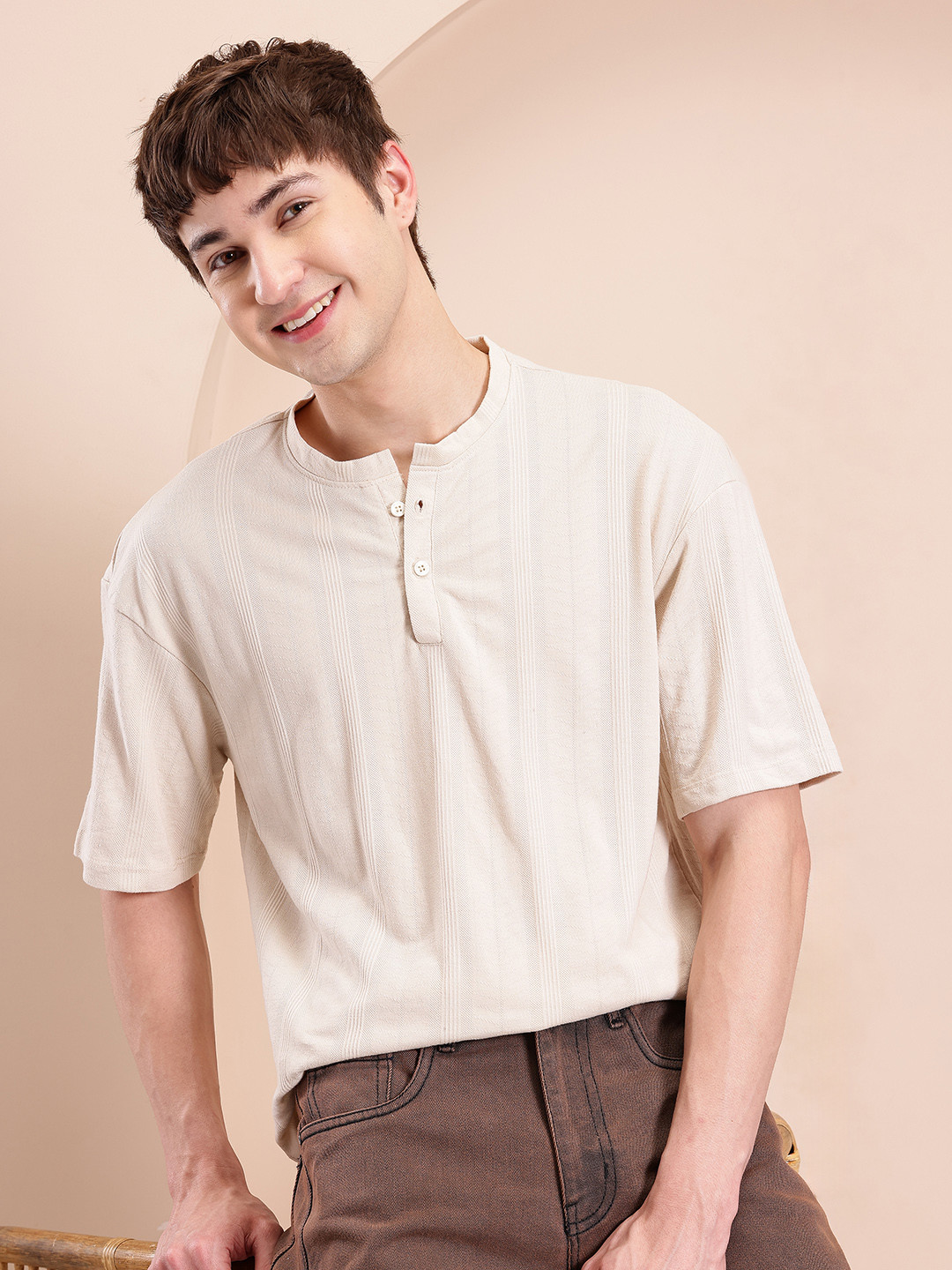 Mast & Harbour Men Henley Neck Self Striped Relaxed Fit T-shirt
