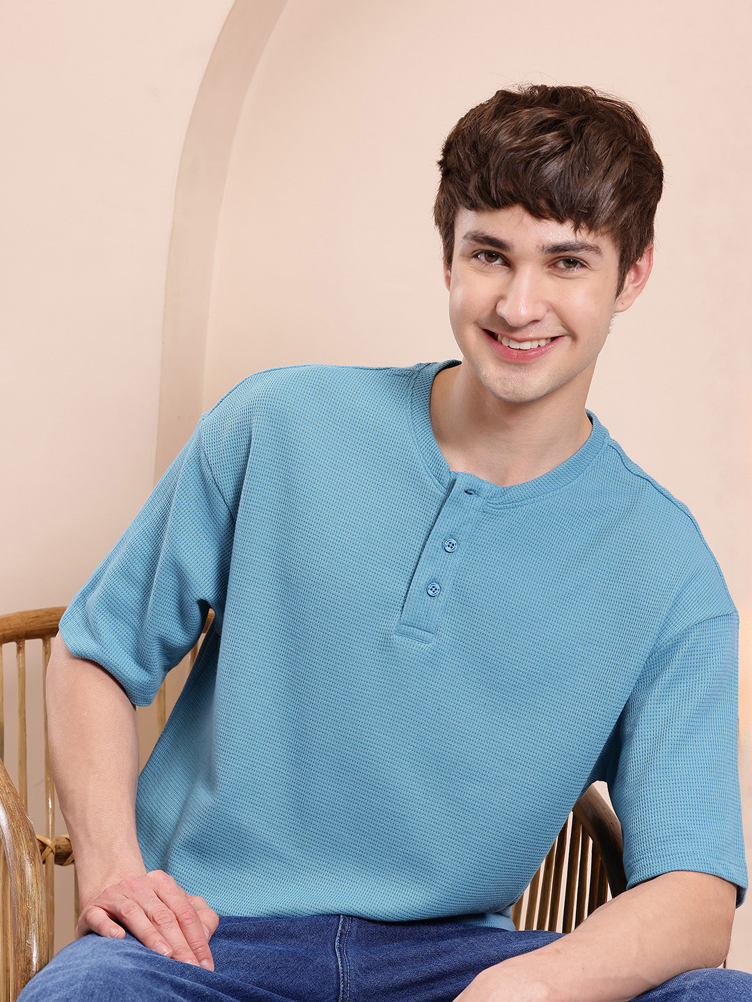 Mast & Harbour Waffle Knit Henley Neck Drop-Shoulder Sleeves Oversized T-shirt