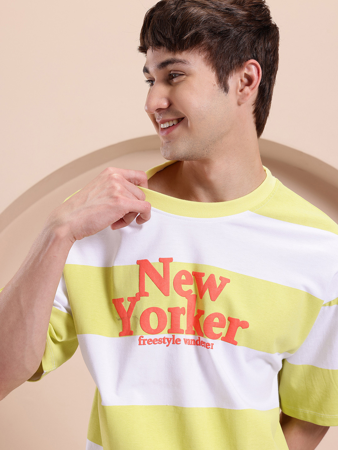 Mast & Harbour Horizontally Striped Drop-Sleeves Oversized T-shirt with Typography Detail