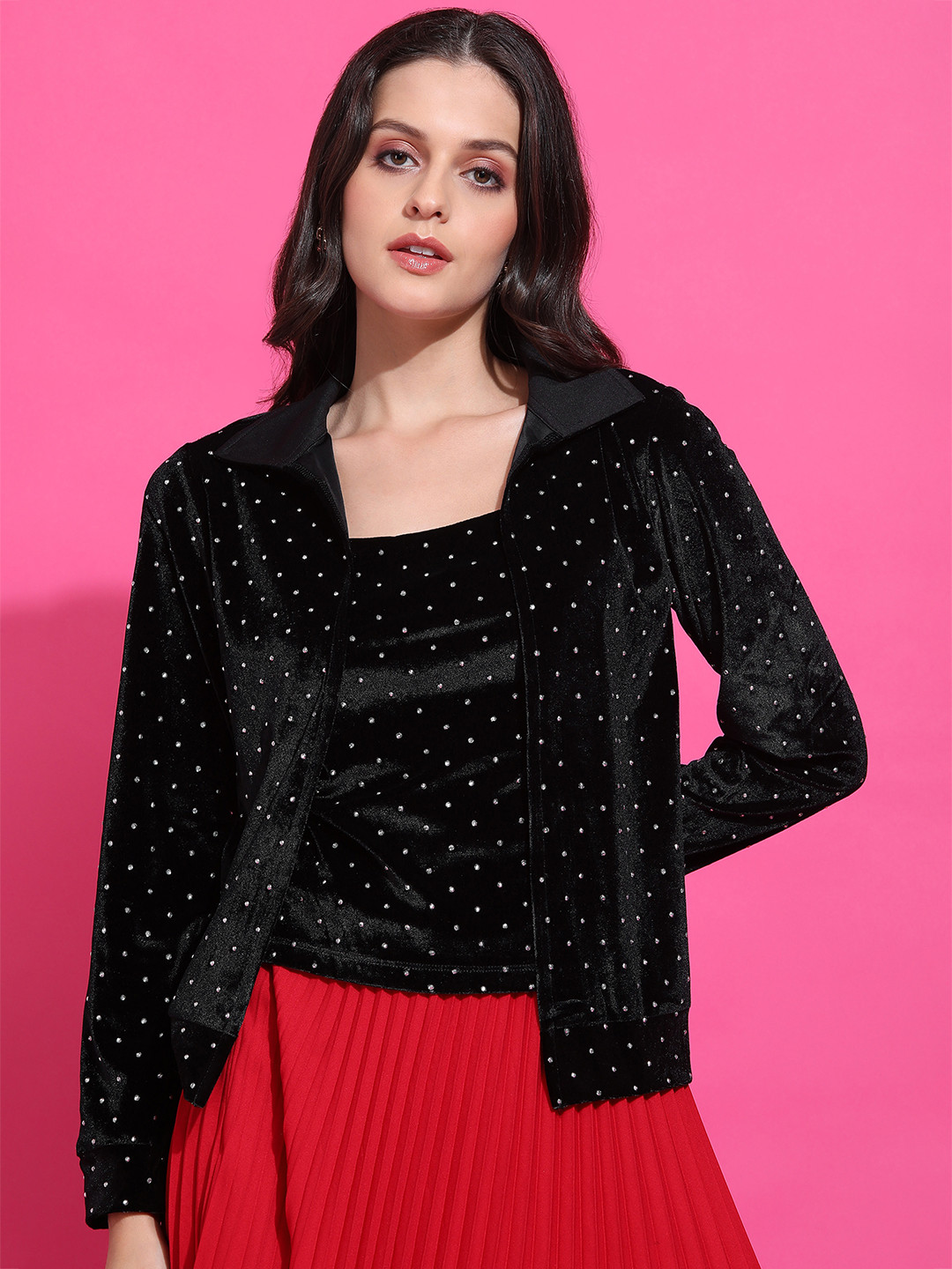 SAFFE Polka Dots Embellished Party Embellished Shrug With Attcahed Cami