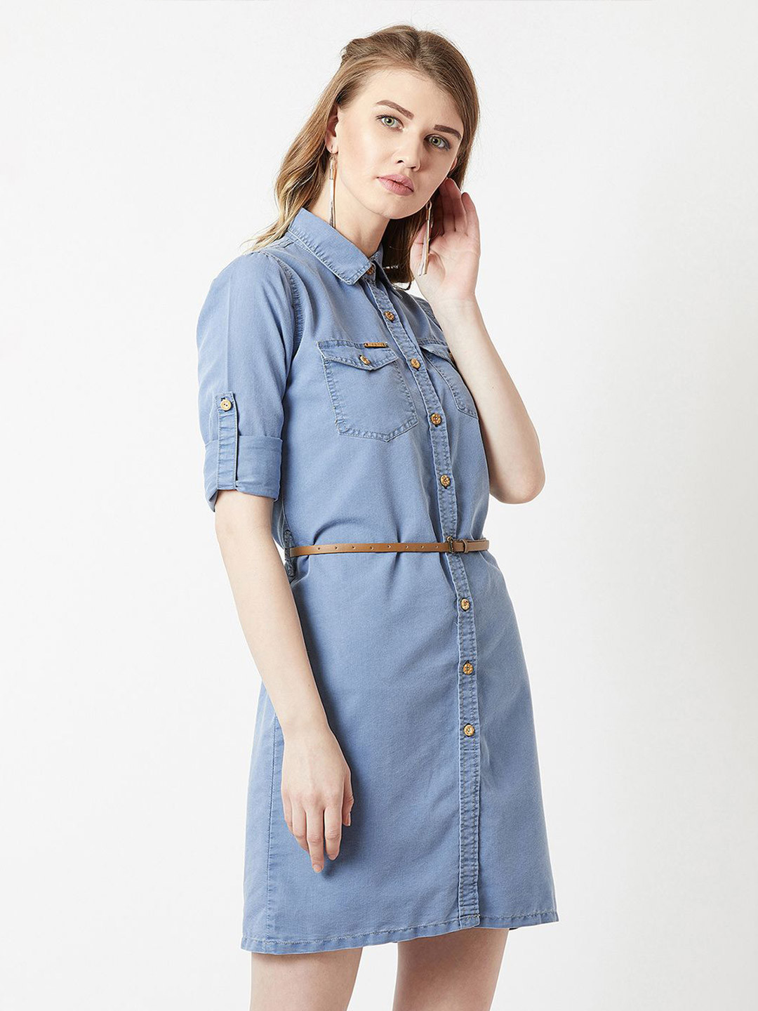 Miss Chase Women Denim A-Line Mini Dress With Belt
