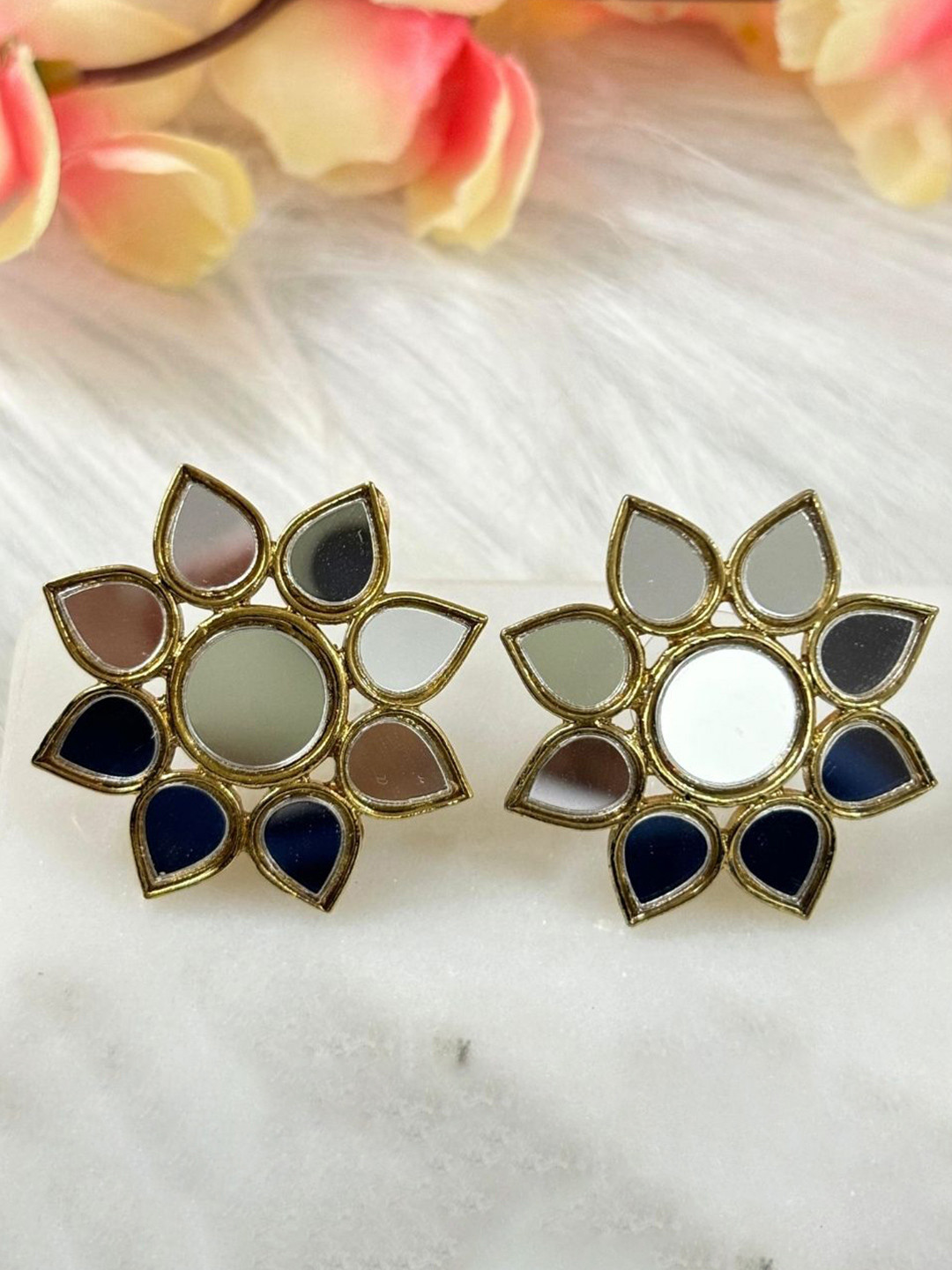 BDIVA 18K Gold Plated Exquisite Floral Mirror Studs Earrings
