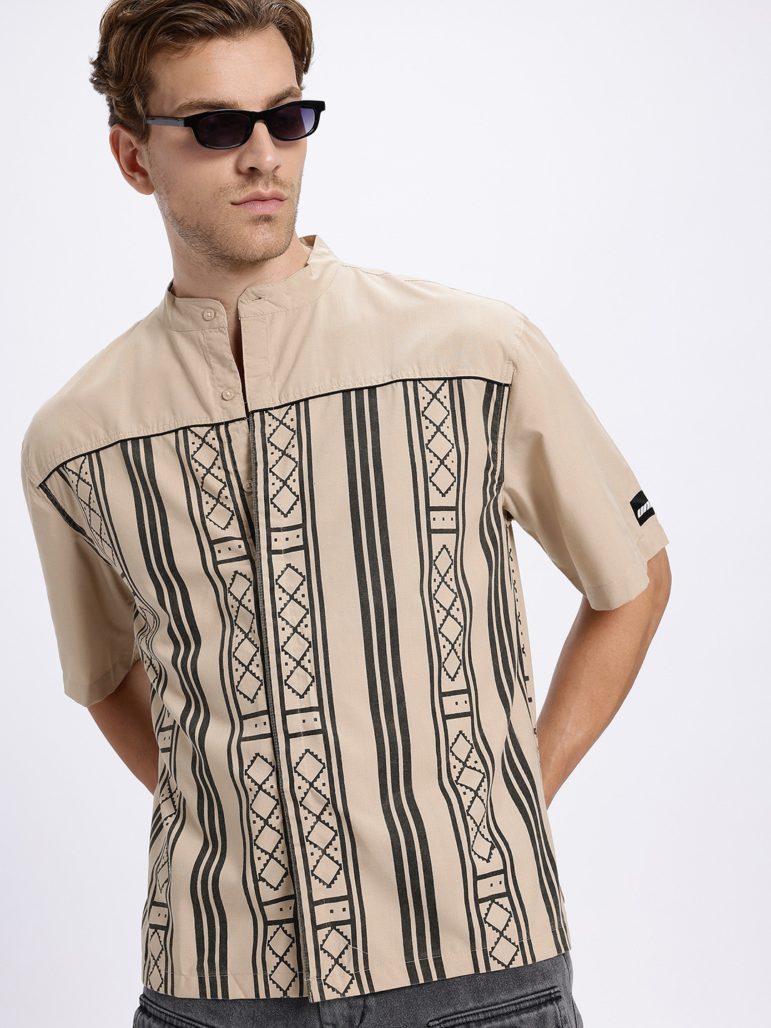 Geometric Print Cotton Mandarin Collar Shirt
