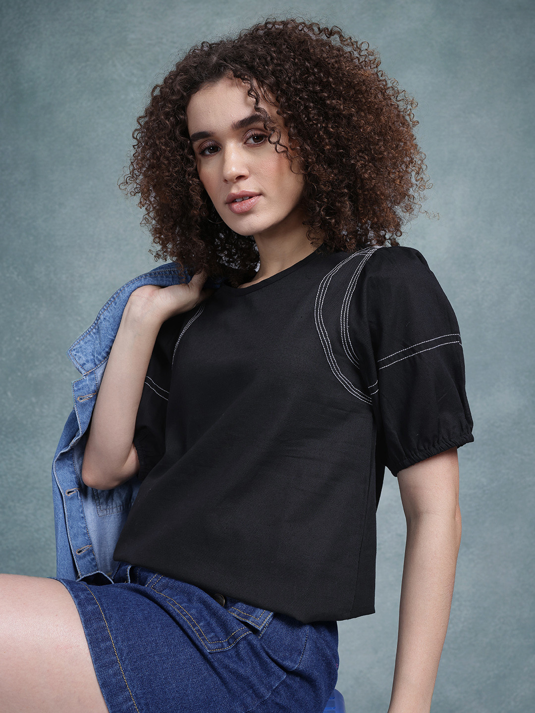 The Roadster Life Co. Contrast Stitch Puff Sleeve Cotton Top