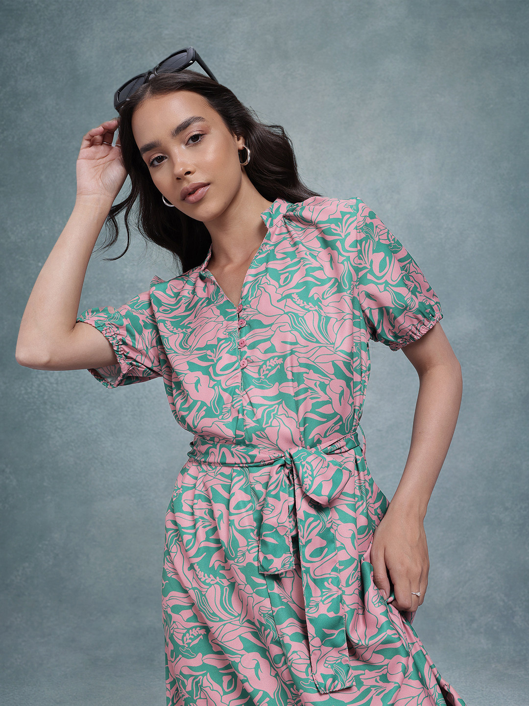 The Roadster Life Co. Abstract Printed Puff Sleeve A-Line Midi Dress