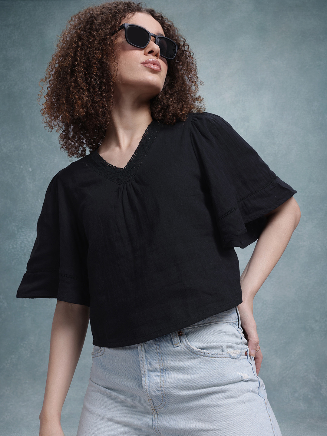 The Roadster Life Co. Lace Insert Detail Flared Sleeve Top