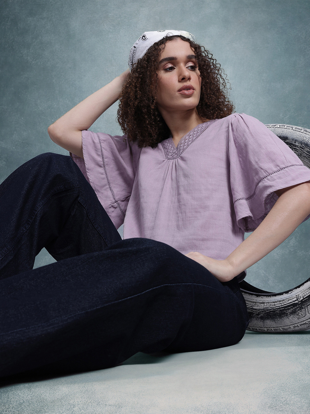 The Roadster Life Co. Lace Insert Detail Flared Sleeve Top