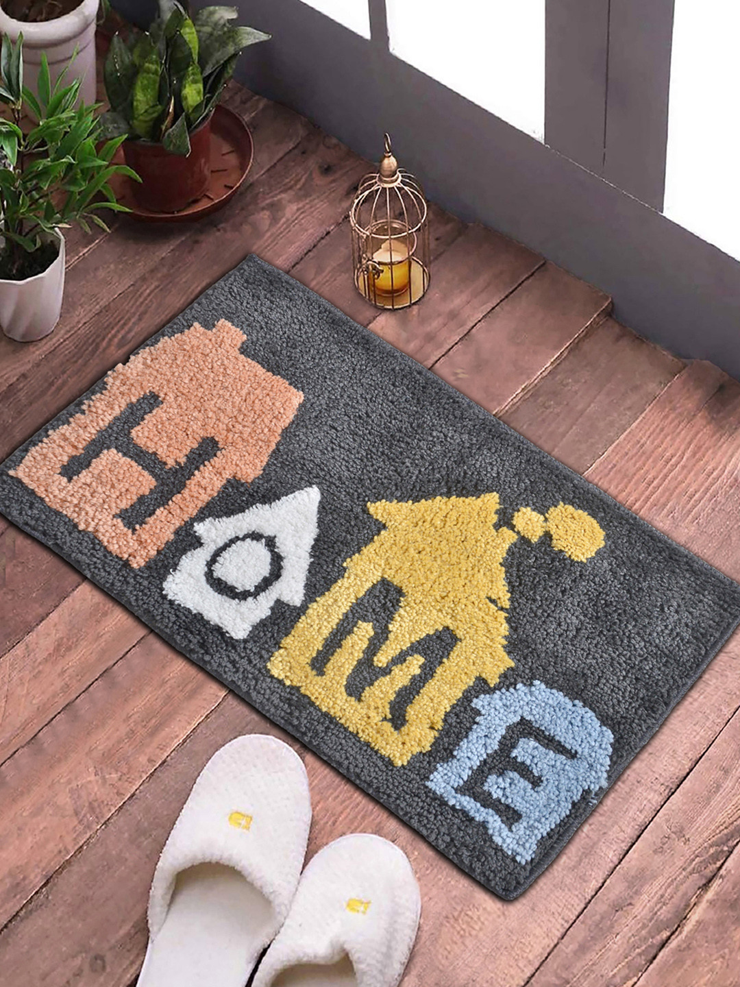 FABINALIV Peach-Colored & Grey Patterned Anti-Skid Doormat