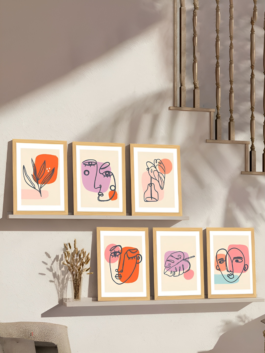 Art Street Pink & Orange 6 Pieces Boho Abstract Minimalist Painting Wall Arts