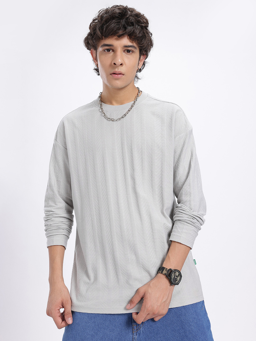 glitchez Textured Knit Long Sleeve Relaxed Fit T-shirt