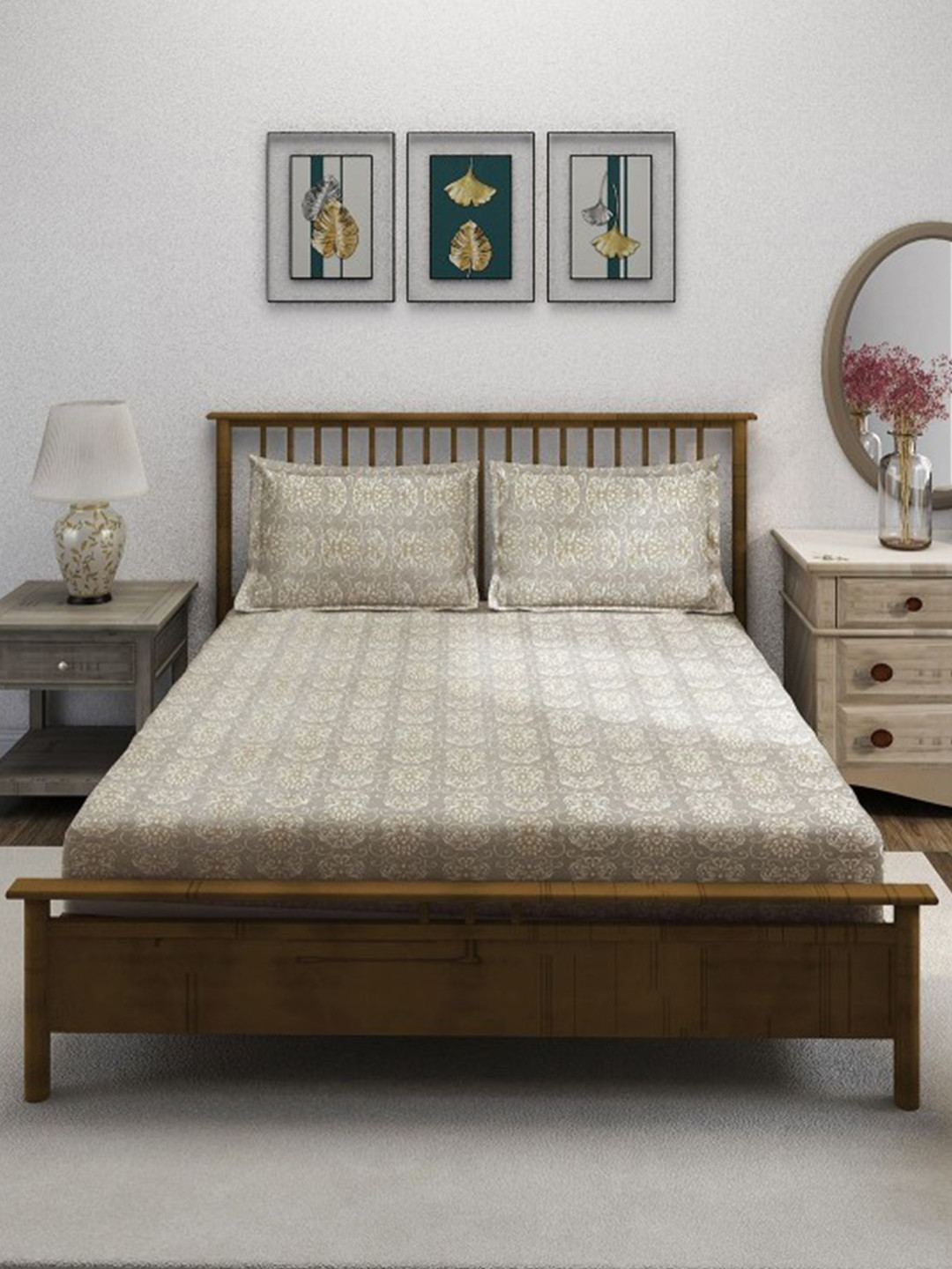 SWAYAM Ananda Brown Ethnic Motifs Pure Cotton 210 TC Super King Fine Bedsheet with 2 Pillow Covers-107 x 107 inches