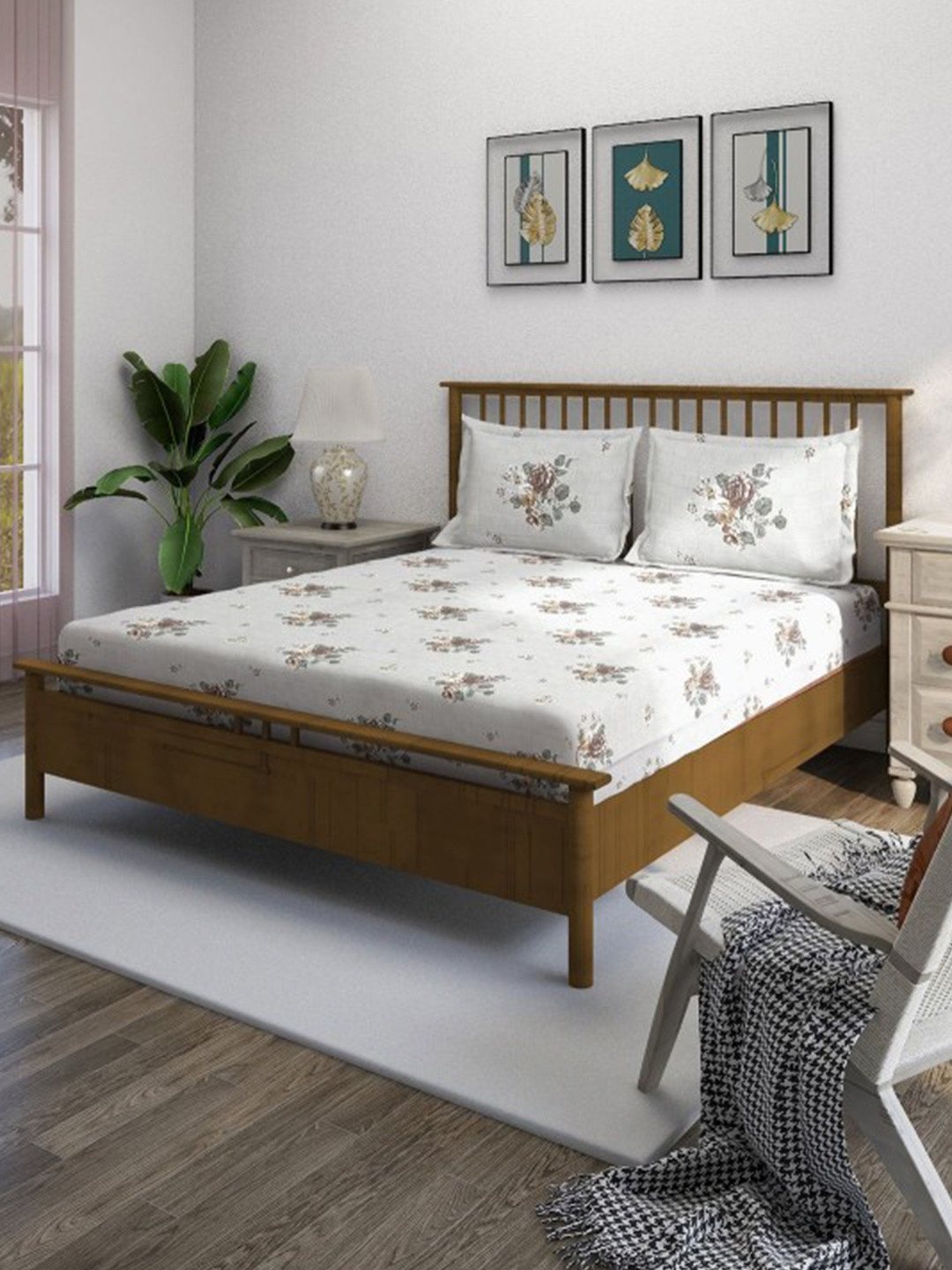 SWAYAM Day Night Collection Beige Floral Cotton 210 TC King Fine Bedsheet with 2 Pillow Covers-274 x 274 cm