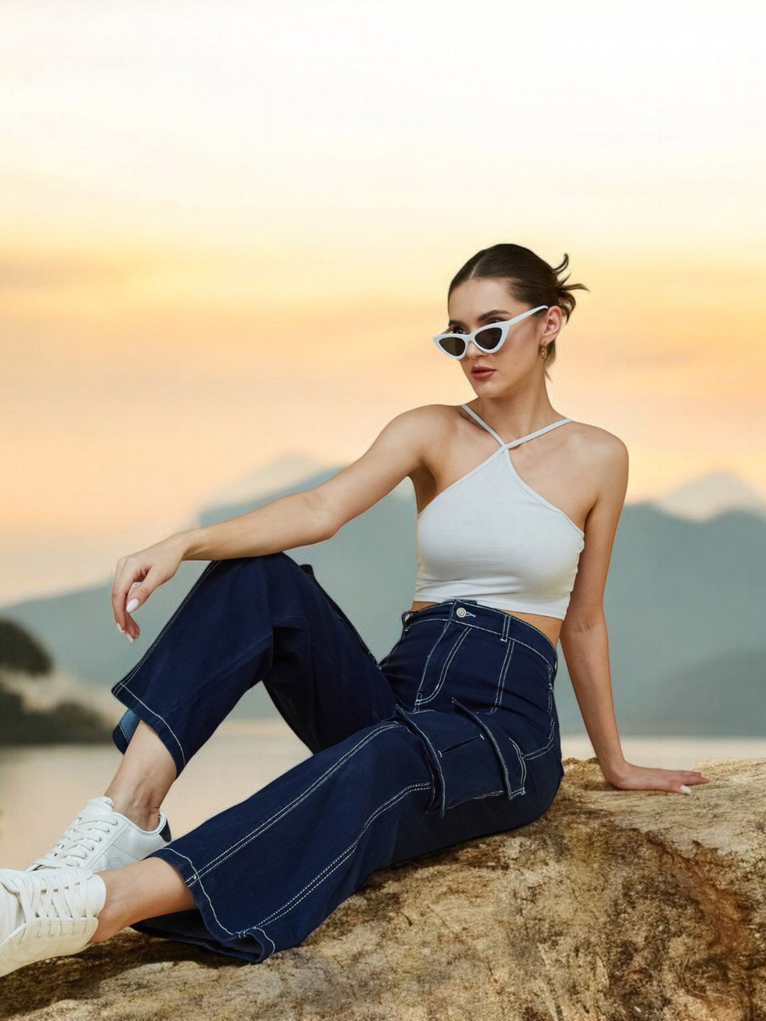 Life With Pockets Women Cotton Wide Leg Light Fade Stretchable Cargo Styles Jeans