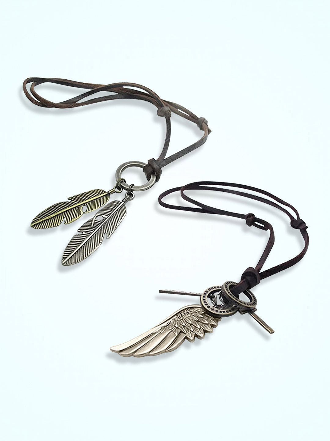 Peora Unisex Set Of 2 Silver-Plated Stainless Steel Angel Feather & Leather Cord Chains