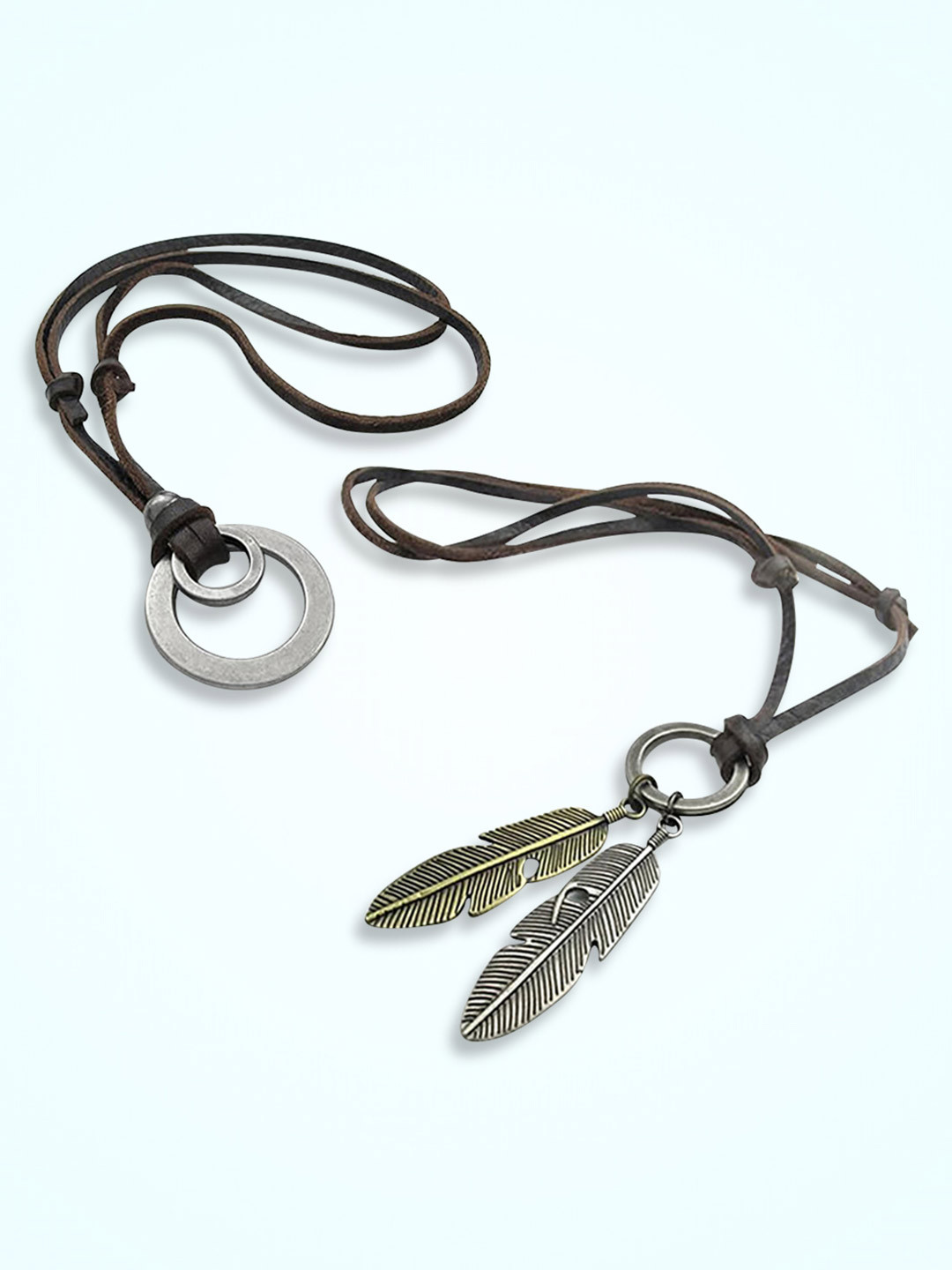 Peora Unisex Set Of 2 Silver-Plated Stainless Steel Double Ring & Leather Cord Chains