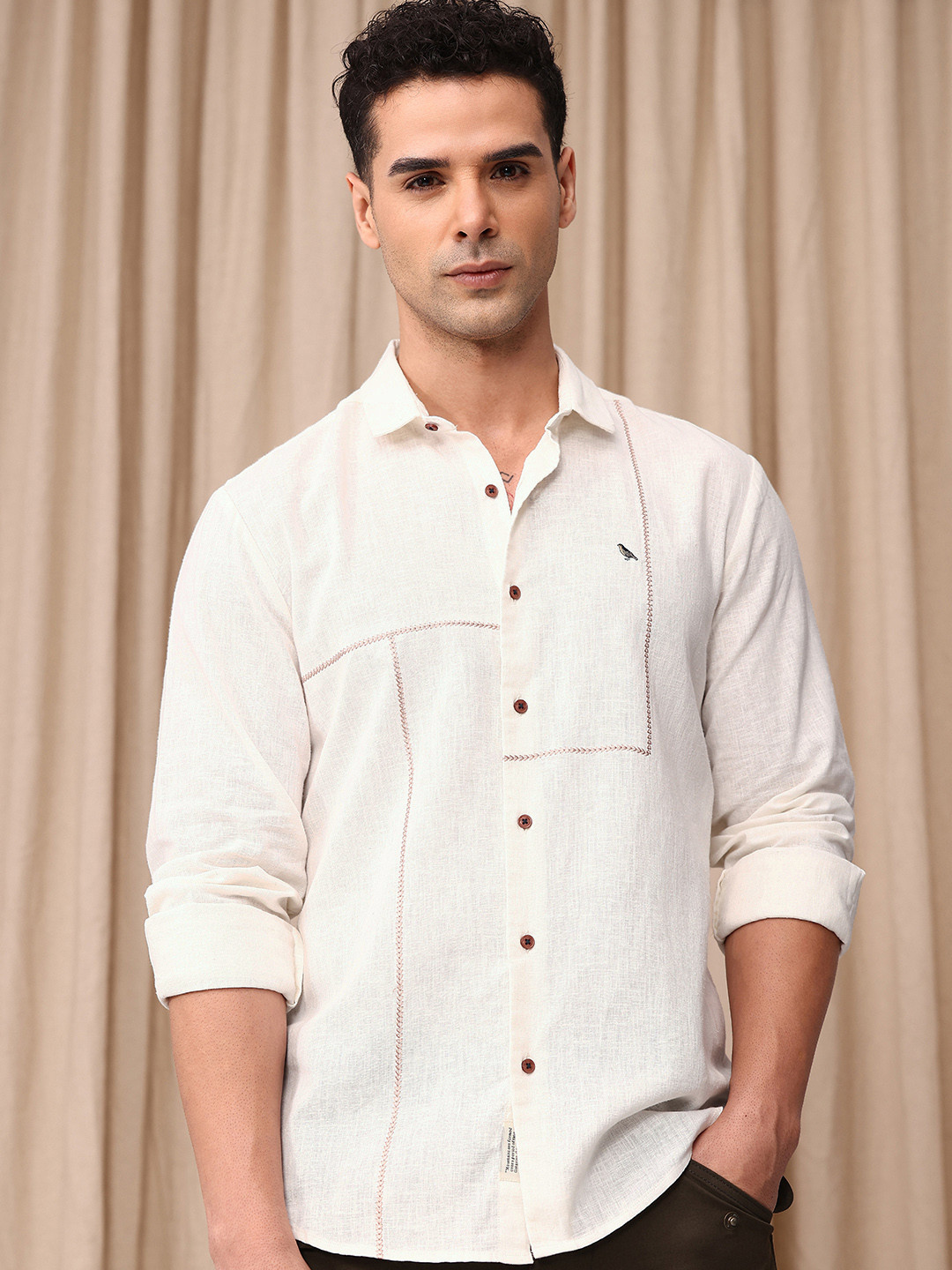 Mr Bowerbird Men Premium Tailored Fit Linen Cotton Casual Shirt with Embroidered Detail