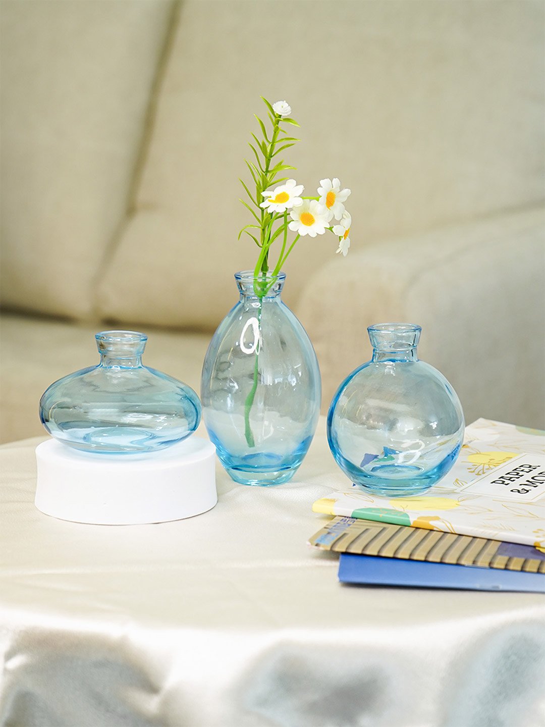 Nostrae by Ekhasa Blue & Transparent 3 Pieces Glossy Glass Bud Vases