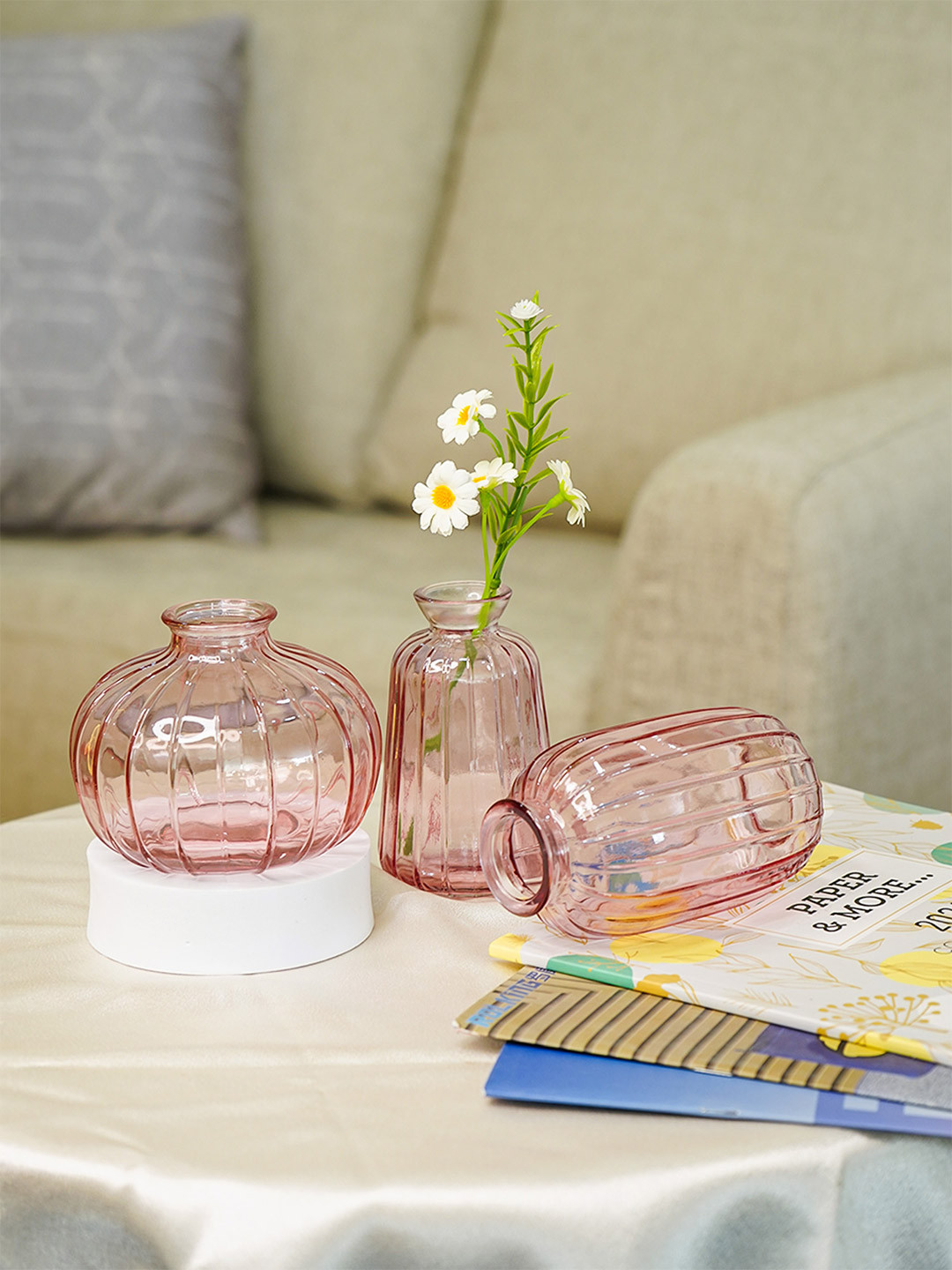 Nostrae by Ekhasa Pink & Transparent 3 Pieces Textured Glossy Glass Bud Vases