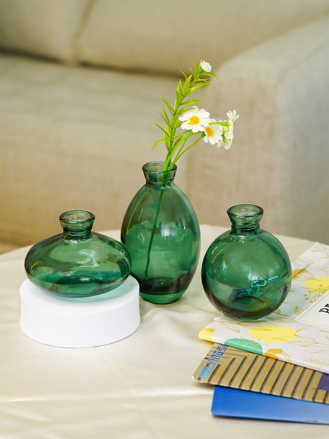 Nostrae by Ekhasa Green 3 Pieces Crystal Glass Bud Vases