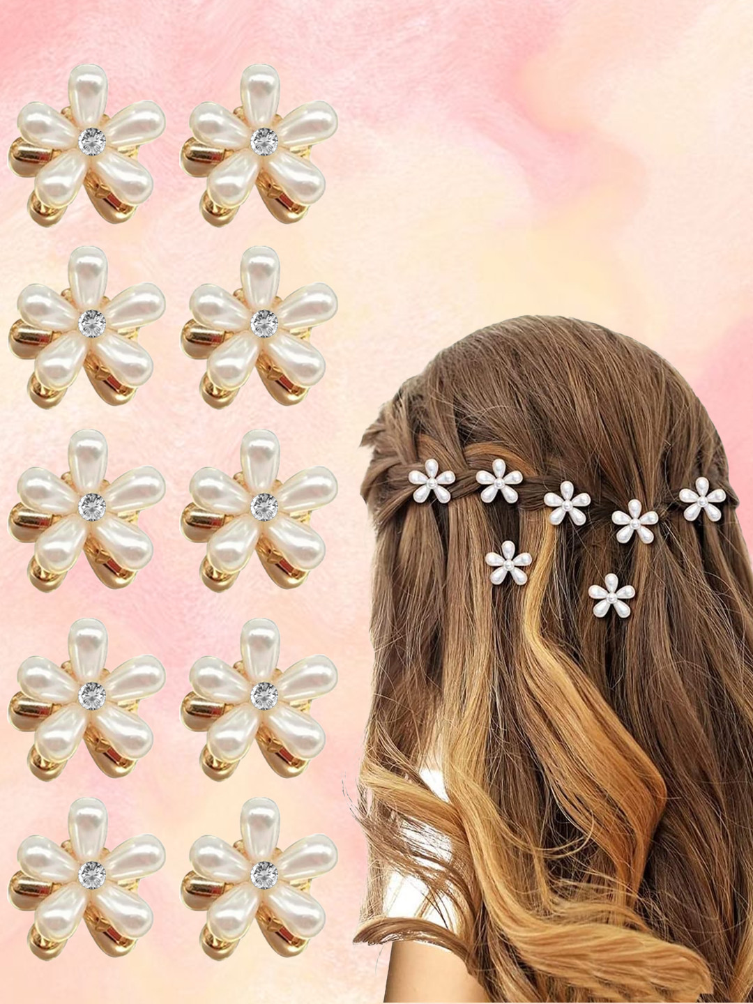 Majestique Set of 10 White Pearl Flower Hair Claw Clips Hair Accessories